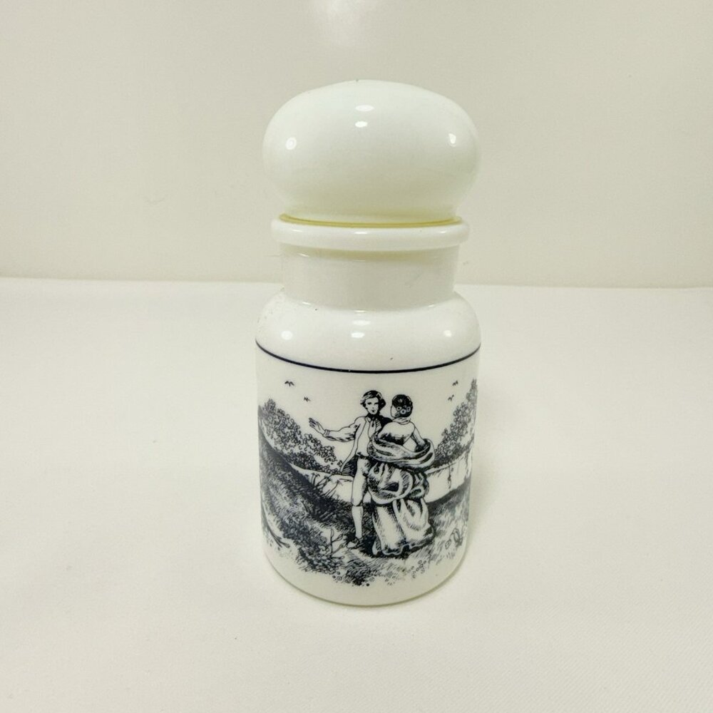 Belgium Apothecary Bottle Jar Container Vanity White Milky Glass Lid Couple Love